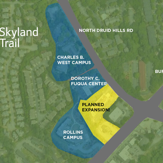 Map showing Skyland Trail current adult main campus and planned expansion at the corner of North Druid Hills RD and Buford Hwy in Atlanta